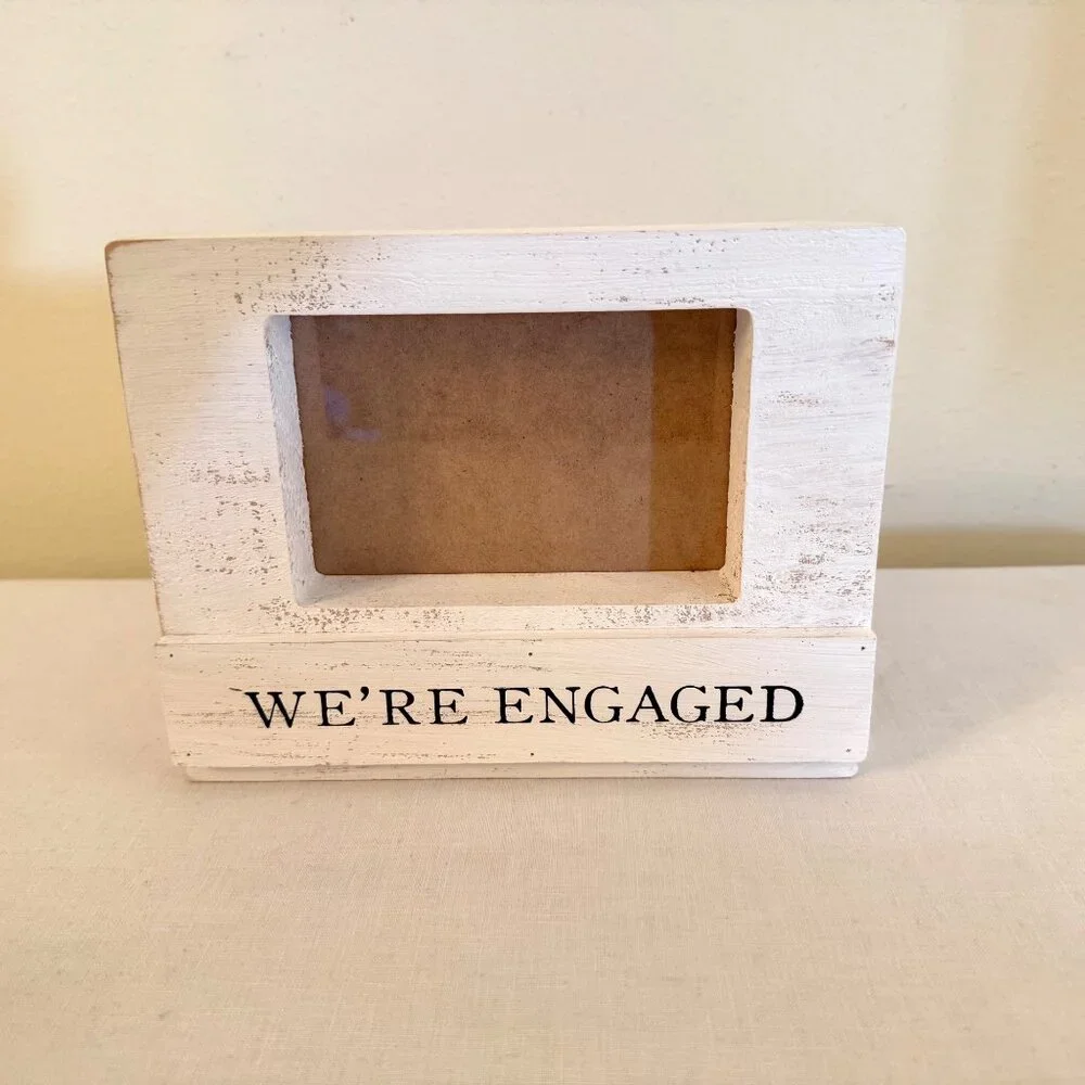 Were Engaged Distressed White Wood Picture Frame Romantic Mudpie Decor Cottage